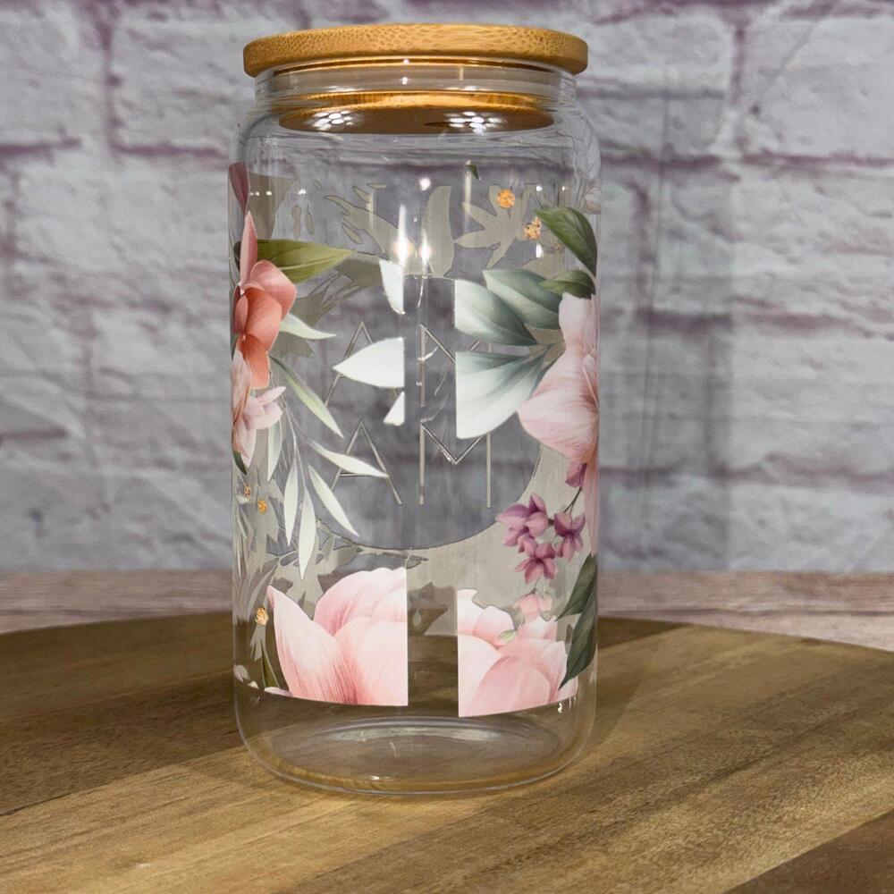 Floral 16oz Glass Tumbler with Bamboo Lid - 'MAMA' Design New - Picture 3 of 6